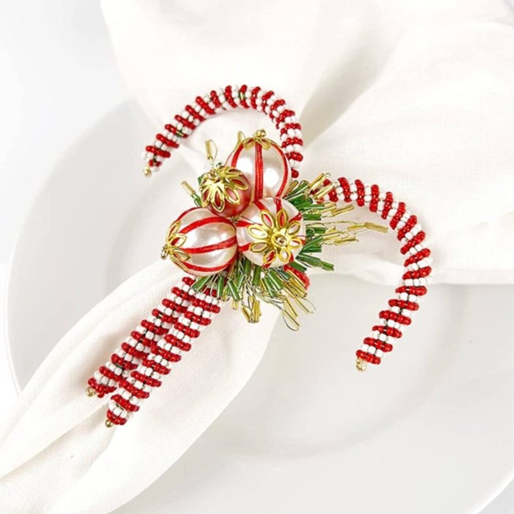 Hand-Beaded Candy Cane Napkin Rings Set of 4 - Picture 2 of 2